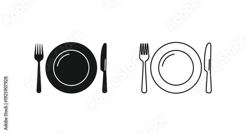 Minimalist black and white illustration of plates forks and knives