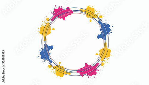 Colorful illustration of a circle frame with pink, blue, and yellow paint splatters on a white background for Holi Festival decoration or party design