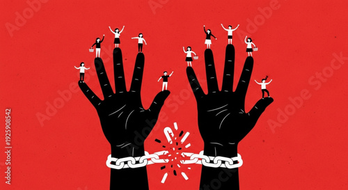 Symbolic representation of collective human rights and the triumphant spirit of liberation, as hands break free from chains, supporting individuals celebrating their freedom