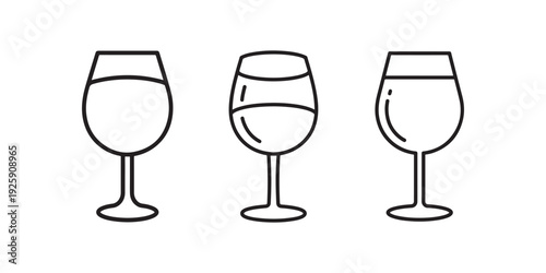 Wine glasses line icons. vector illustration. set of black and white line icons of wineglasses with liquid. simple wineglass symbol.