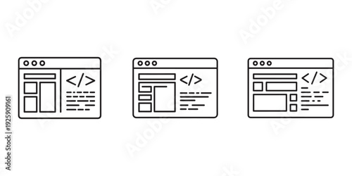 Web development process for creating website interface and coding on computer screen with code tags and browser windows line art.