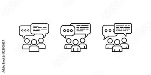 Three icons representing people engaging in conversations or discussions, with speech bubbles above their heads indicating dialogue and communication