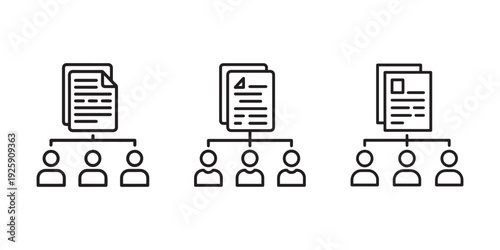 Three icons showing documents linked to multiple people, representing organization, teamwork, and distributed information or tasks