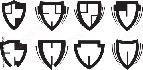 Shield icons with various designs and motion lines included