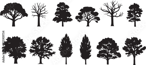 Collection of various tree silhouettes in black and white