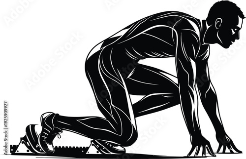 Male sprinter in starting blocks, black and white vector illustration of an athlete ready to run a race
