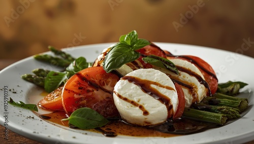 Caprese Salad - Tomatoes, Mozzarella, Basil, Asparagus, and Balsamic dressing with Pesto