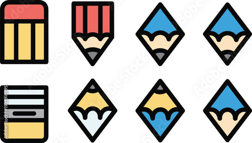 Creative Pencil Vector Illustration Set with Colored Pencil Tips Sharpener and Eraser Icons for Art School and Stationery Design