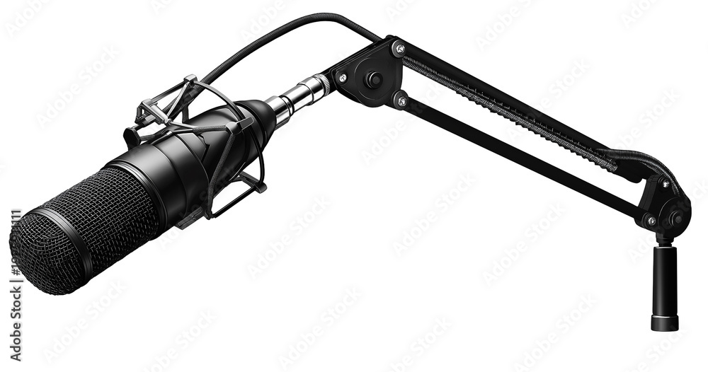 Fototapeta premium Professional condenser microphone on adjustable boom arm stand, isolated on white, png