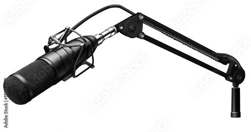 Professional condenser microphone on adjustable boom arm stand, isolated on white, png