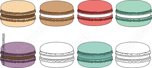 French Macaron Vector Illustration Set with Colorful Almond Meringue Cookies and Sweet Pastry Cream Filling Icons for Bakery and Dessert Design