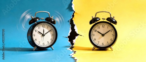 Two black alarm clocks on blue and yellow background with torn paper effect between them  time concept