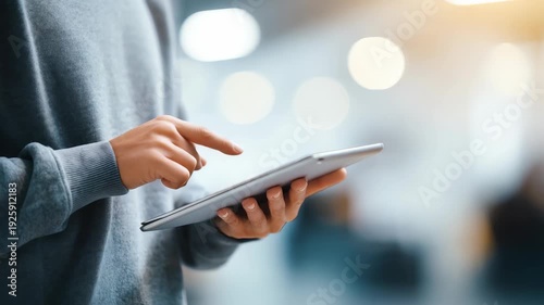 Close up of an individual navigating a tablet device, emphasizing the gesture of touch and digital interaction. The scene captures a contemporary workspace atmosphere with natural lighting