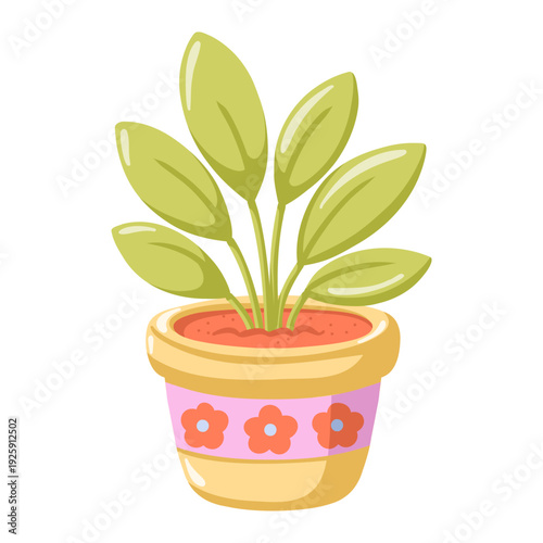 Spring potted plant with green leaves in decorative flower pot. Cartoon vector isolated illustration on white background 