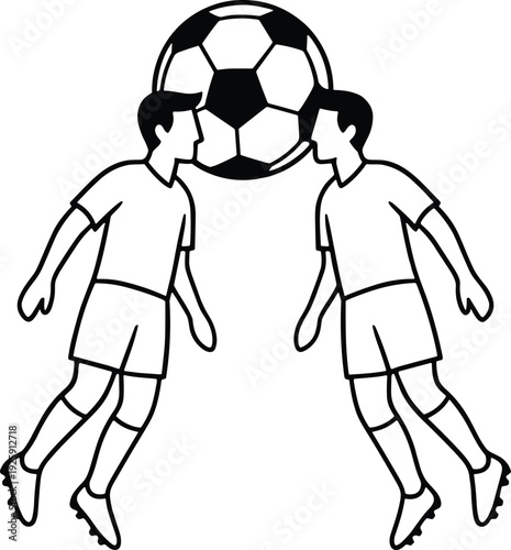 Black and white illustration of two male soccer players simultaneously heading ball in mid-air, showcasing athletic energy, teamwork, and competitive sports action in dynamic match scene
