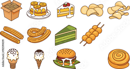 Sweet and savory snack illustration set with cakes pastries churros burgers ice cream and baked treats isolated on white background for food design projects