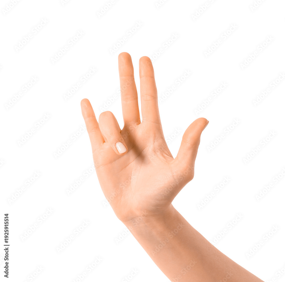Fototapeta premium Female hand showing four fingers on white background