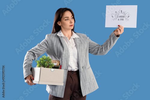 Fired businesswoman holding paper with text I NEED A JOB and personal stuff o...