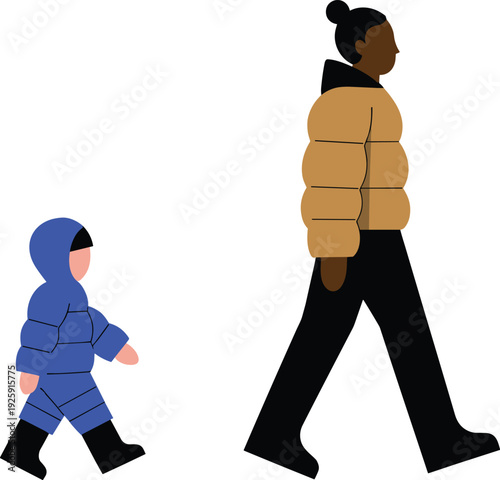"Stylized illustration of parent and child walking together in winter clothing, companionship in cold season, family bond, outdoor activity, cozy jackets and boots"