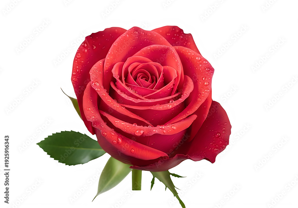 Fototapeta premium A beautiful red rose with delicate petals and green leaves. isolated on transparent background, png