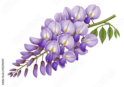 A beautiful purple wisteria flower branch with green leaves on a white background. isolated on transparent background, png
