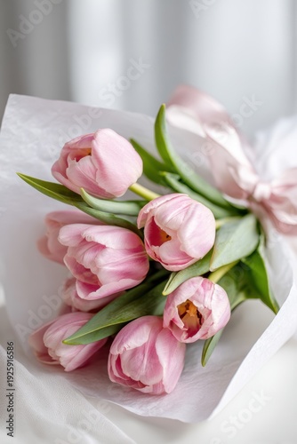 Wallpaper Mural Spring season, garden, flower, fresh, life. A bouquet of vibrant pink tulips with lush green leaves wrapped in white paper, set against a soft, blurred background. Torontodigital.ca