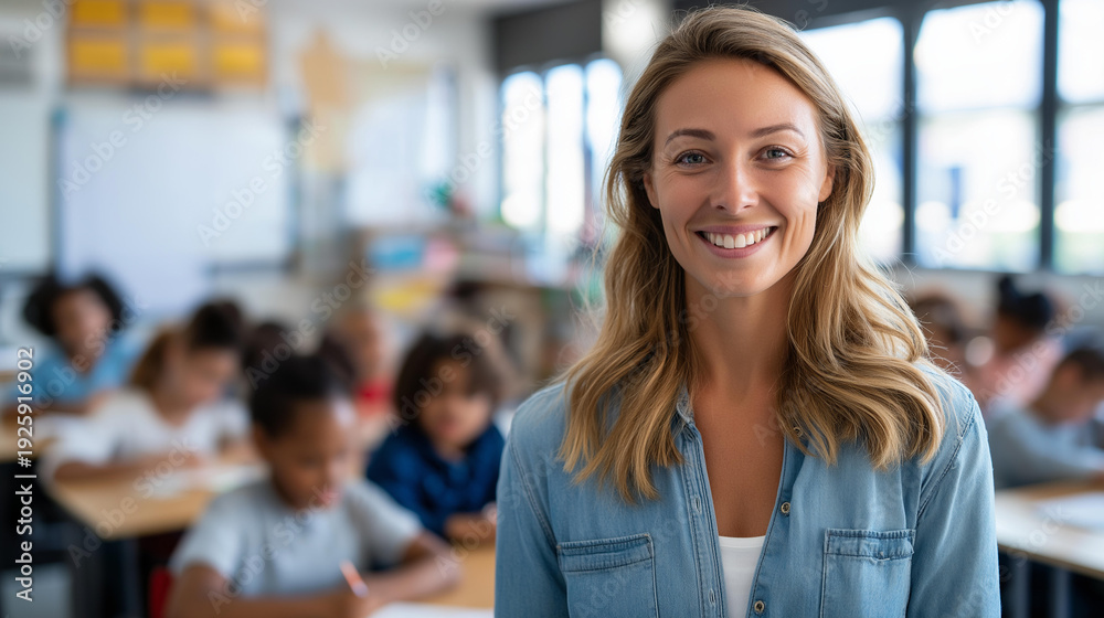 Obraz premium Faceless smiling elementary school teacher standing in front of an engaged classroom of students, bright learning environment, defocused background, child development concept,