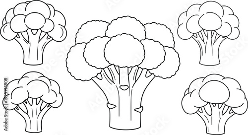 Cartoon Broccoli Set Vector Illustration, Black and White Outline Vegetable Icons for Healthy Food Design Isolated on White Background