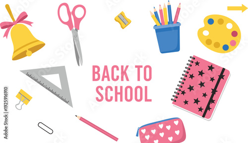 Colorful Back to School Vector Illustration with Educational Supplies, Notebook, Scissors, Ruler, Pencil Case and Art Icons on White Background