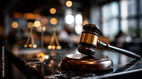 Wooden gavel resting on a polished courtroom table, defocused law office background, legal services concept, justice system symbolism, law firm marketing, attorney advertising,