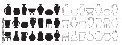Ancient Vase Silhouettes Collection - Greek Roman Pottery Amphora Urn Vector Set, Classical Ceramic Vessel Shapes, Historical Art Design Element