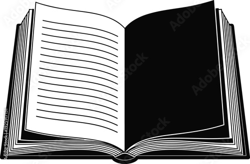 Open Book Vector Illustration with Black and White Pages, Minimalist Educational Reading Icon Isolated on White Background
