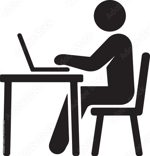 Simple vector illustration of a person sitting at a desk and working on a laptop computer.