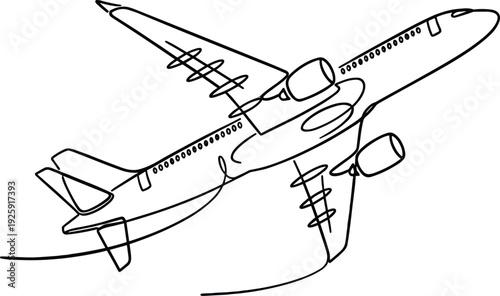 Minimalist continuous line drawing of commercial airplane in flight, featuring jet engines, swept wings, streamlined fuselage, and aviation design details for educational and technical 