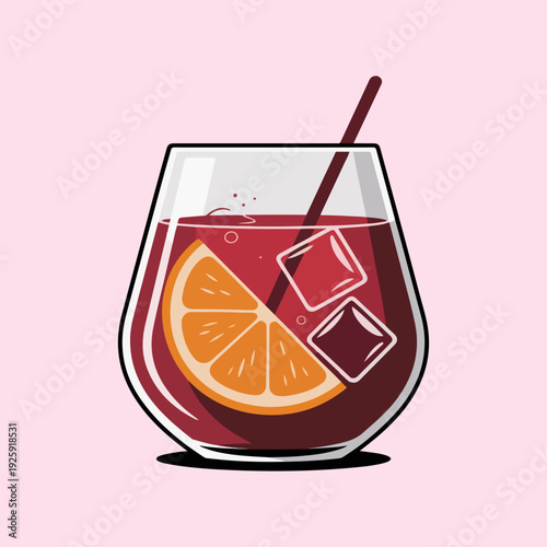 Spanish Tinto De Verano Vector Illustration of Red Wine Cocktail with Orange Slice and Ice