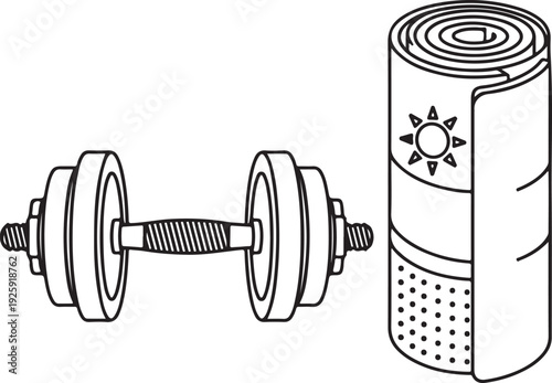 A detailed woodcut illustration of a dumbbell and a rolled yoga mat, hand-drawn vector art resembling a vintage engraving for fitness designs