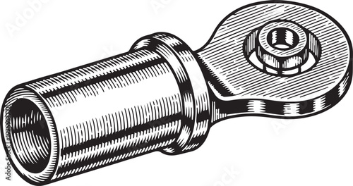 A detailed woodcut illustration of a metal rod end with a bolt and nut, hand-drawn vector art resembling a vintage engraving for industrial design
