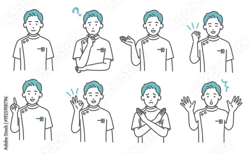 ケーシー白衣の男性看護師・医療従事者の表情・ポーズイラストセット（上半身・8種類）