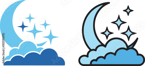 Blue crescent moon and fluffy clouds with twinkling stars, night sky scene, peaceful celestial background, simple iconographic representation