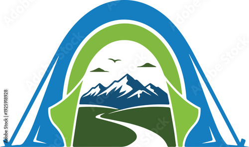 Camping tent provides picturesque view of mountain landscape with winding road and flying birds, symbolizing outdoor adventure and nature exploration