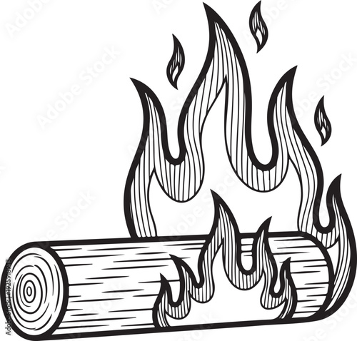 Burning wood log with hot flames in hand drawn vintage style illustration for camping fireplace heat source energy and winter warming concepts on transparent background