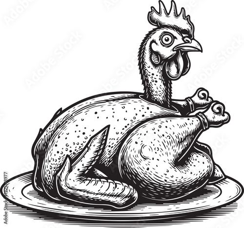 Cooked whole chicken on plate, roasted poultry with herbs and spices, delicious food preparation for festive meal, rustic black and white illustration