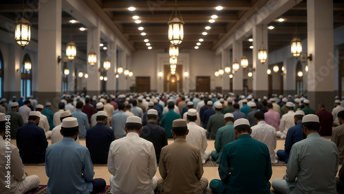 Wallpaper Mural A large congregation of Muslim men sitting on prayer mats inside a grand mosque, engaged in communal worship with many lights illuminating the hall. Torontodigital.ca