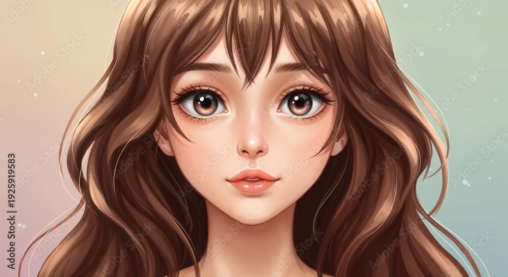 Fototapeta premium Radiant Portrait of a Young Woman: An alluring digital illustration of a young woman with a captivating gaze, cascading brown hair, and soft, delicate features. A tribute to modern artistry.