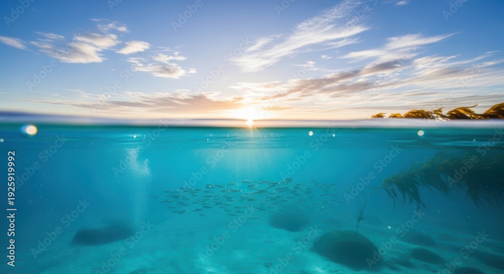 Obraz premium Serene underwater scene with ocean creatures and sunlight shining through water surface during sunrise in natural aquatic environment.