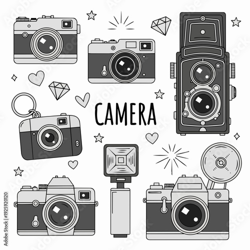 Collection of vintage and modern cameras and photography equipment.