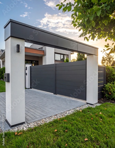 A modern house's driveway with a sleek gate and fence