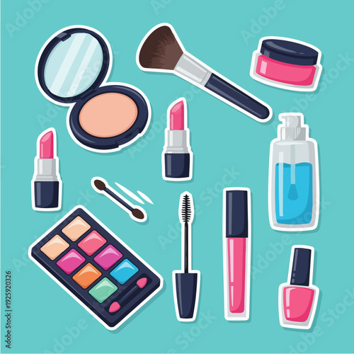 Collection of makeup and cosmetic products arranged on a teal background.