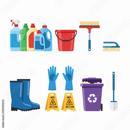 Collection of cleaning supplies and equipment for household chores.