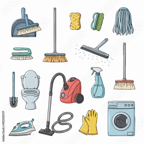 Collection of household cleaning tools and appliances.